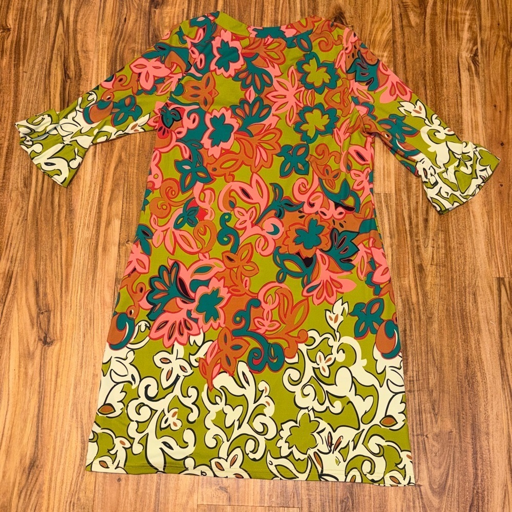 Aryeh women’s large 12 14 dress knee 3/4 bell sleeve green pink pattern nwot - Picture 6 of 7